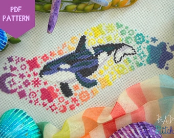 Rainbow Orca Whale Cross Stitch Pattern, nature sea ocean current pride celestial xstitch design, custom needlepoint, COSMO DMC chart, PDF