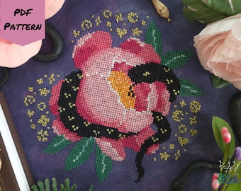 Mortal Coil Cross Stitch Pattern, Black Snake and Peony needlework chart, digital download