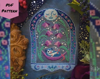 Night Blooms Cross Stitch Pattern, Moon, Bell Flowers, Possum cottagecore needlework sampler, digital download