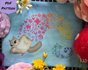 Flying Squirrel Rainbow cross stitch pattern, cottagecore woodland nature design, customizable needlework chart, digital download