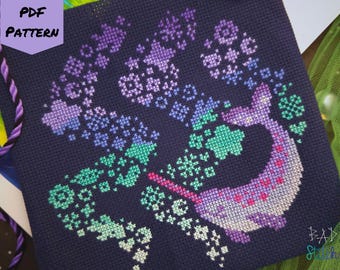Candypop Narwhal Cross Stitch Pattern, Aurora Borealis Northern Lights needlework chart, whale art digital download