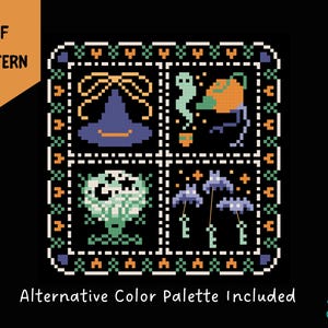 Puede incluir: Un patr&oacute;n PDF de punto de cruz con fondo negro. El dise&ntilde;o presenta cuatro cuadrados con im&aacute;genes tem&aacute;ticas de Halloween: un sombrero de bruja, un fantasma, una calabaza y murci&eacute;lagos. El texto "PDF PATTERN" est&aacute; en una pancarta naranja. Tambi&eacute;n est&aacute; presente el texto "Alternative Color Palette Included".