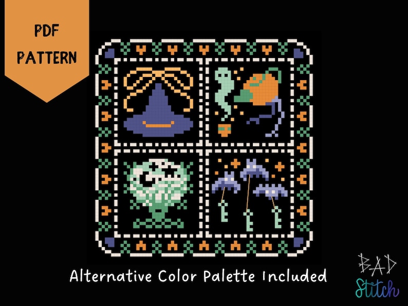 Puede incluir: Un patr&oacute;n PDF de punto de cruz con fondo negro. El dise&ntilde;o presenta cuatro cuadrados con im&aacute;genes tem&aacute;ticas de Halloween: un sombrero de bruja, un fantasma, una calabaza y murci&eacute;lagos. El texto "PDF PATTERN" est&aacute; en una pancarta naranja. Tambi&eacute;n est&aacute; presente el texto "Alternative Color Palette Included".
