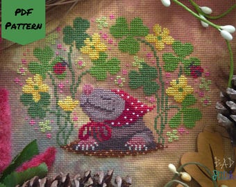 Shrew in the Wood Sorrel Cross Stitch Pattern, Cottagecore clover ladybugs nature needlework chart, digital download
