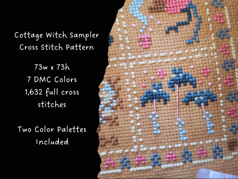 Puede incluir: Un patr&oacute;n de punto de cruz titulado "Cottage Witch Sampler" con un dise&ntilde;o detallado que presenta paraguas azules, flores rosas y otros elementos decorativos. El patr&oacute;n tiene 73 puntos de ancho y 73 puntos de alto, utilizando 7 colores DMC. El texto indica que se incluyen dos paletas de colores.