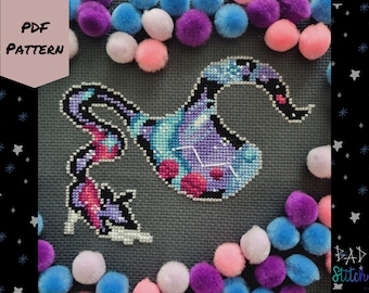 May include: A cross-stitch pattern of a purple and blue celestial creature with stars and a constellation. The pattern is surrounded by colorful pom-poms and the text "PDF PATTERN" and "BAD Stitch" are visible.