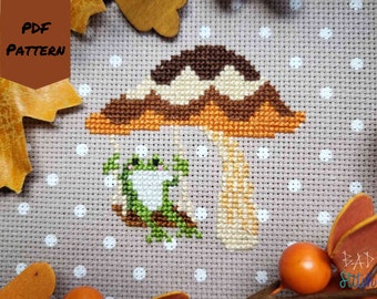 Swinging Frog Cross Stitch Pattern, Autumn Mushroom, Cottagecore Gallery Art, Fall Vibes, seasonal sampler needlework, instant download PDF