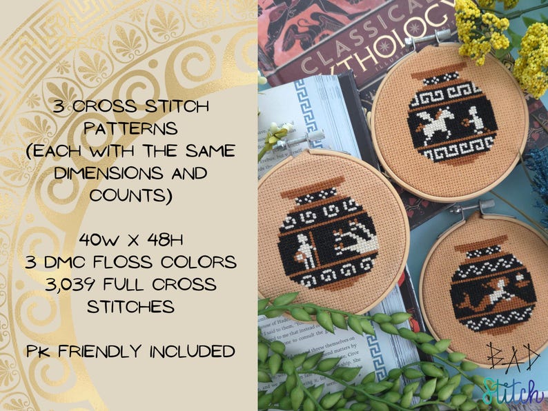 Greek Amphoras Cross Stitch Pattern, Heracles Hydra, Odyssey, Siren, Pegasus, Greek mythology bundle, grecian art, fantasy needlework image 7