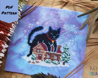 Yule Cat Cross stitch pattern, cryptid art, Christmas decor diy, folklore gift, witchy stitch, yuletide, digital download