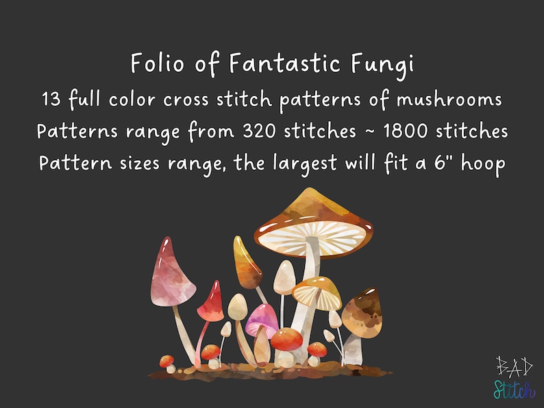 Folio of Fantastic Fungi Digital Cross Stitch Book, mushroom pattern collection, needlework zine, instant download PDF image 5