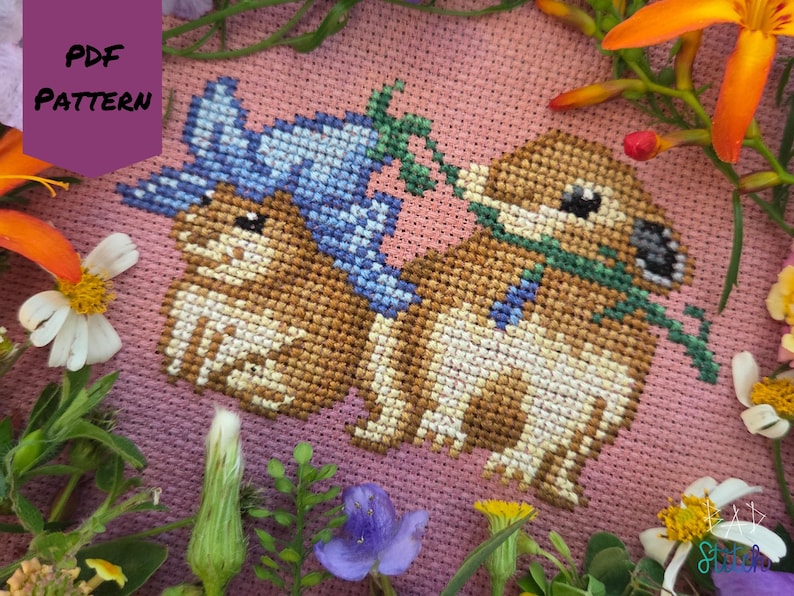 Patrón de punto de cruz de amigos pika, muestrario de flores campanillas azules estilo cottagecore, bordado de naturaleza de montaña, fantasía primaveral, bordado en bastidor, PDF imagen 2