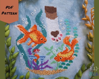 Gone Fishing Cross Stitch Pattern, cat goldfish, fishbowl, mermaid whimsical modern needlework design, custom toe beans, digital download