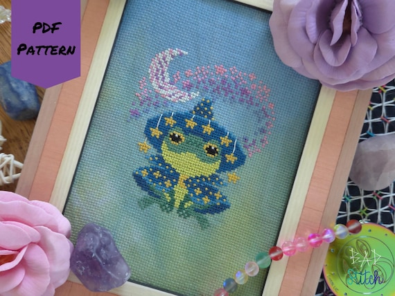 Froggy Magic Cross Stitch Pattern, frog toad witch wizard familiar, halloween sampler design, fantasy spooky xstitch crafts, digital file