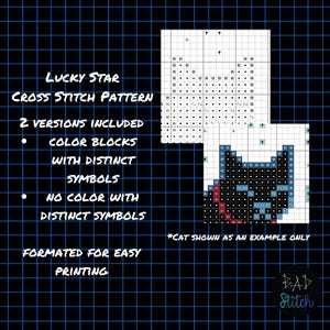 May include: A cross stitch pattern design with the text "LUCKY STAR" and "CROSS STITCH PATTERN". The design includes two versions: color blocks with distinct symbols and no color with distinct symbols. The image is formatted for easy printing.