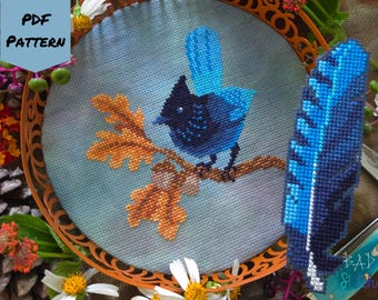 Steller's Jay Cross Stitch pattern, oak acorns autumn xstitch chart, bonus feather bookmark design, digital download