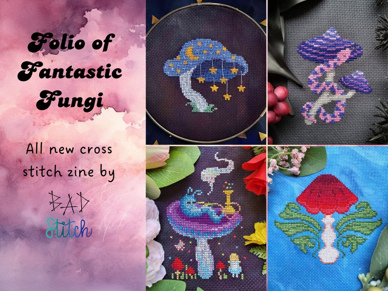 Folio of Fantastic Fungi Digital Cross Stitch Book, mushroom pattern collection, needlework zine, instant download PDF image 4