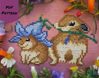 Pika pals cross stitch pattern, bluebells flowers cottagecore sampler, mountain nature needlework, spring whimsy, hoop embroidery, PDF