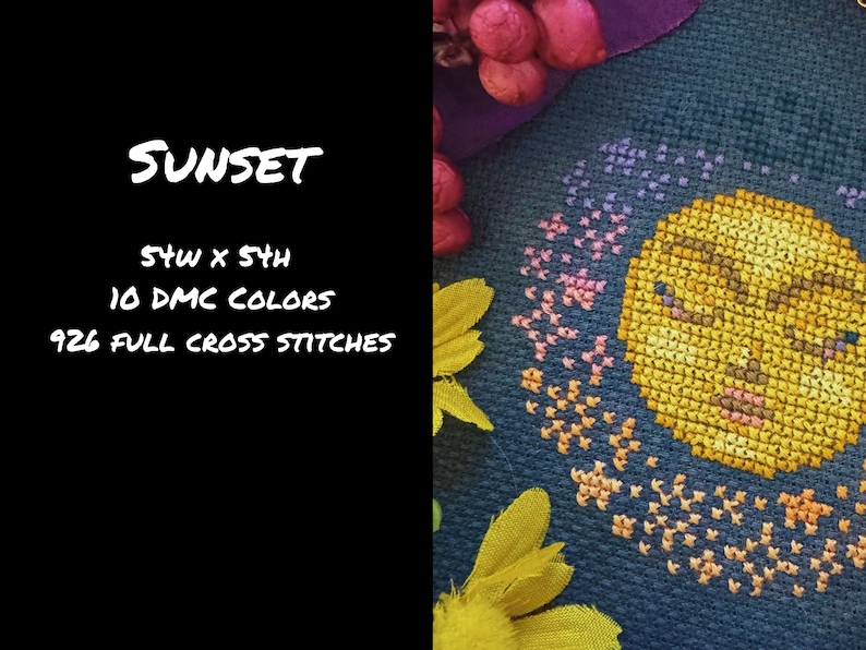 May include: Cross-stitch design featuring a yellow sun with a face, surrounded by pink and orange cross-stitched details, set against a dark blue background. The word "SUNSET" is written in white script. The design is 5x4 inches and uses 10 DMC colors.