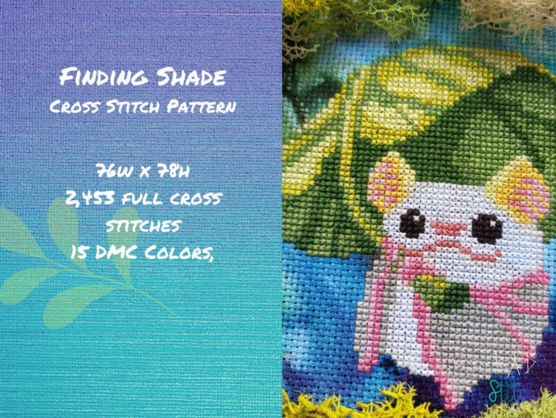 May include: Cross stitch pattern of a white mouse with pink ears and a pink scarf, sitting under a green leaf. The pattern is 76 stitches wide by 78 stitches high and uses 15 DMC colors. Finding Shade Cross Stitch Pattern.
