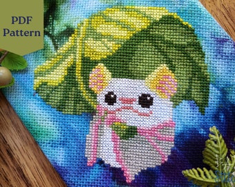 Bat Under A Leaf Cross Stitch Pattern, finding shade, northern ghost bat, cottagecore cross stitch, nature lover gift, instant download pdf