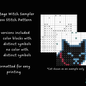 Puede incluir: Un patr&oacute;n de punto de cruz titulado "Cottage Witch Sampler". El patr&oacute;n incluye dos versiones: bloques de color con s&iacute;mbolos distintos y una versi&oacute;n sin color con s&iacute;mbolos distintos. La imagen muestra un ejemplo de gato negro. El patr&oacute;n est&aacute; formateado para una f&aacute;cil impresi&oacute;n.
