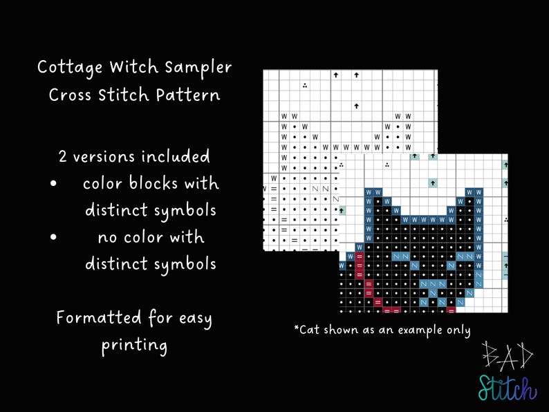 Puede incluir: Un patr&oacute;n de punto de cruz titulado "Cottage Witch Sampler". El patr&oacute;n incluye dos versiones: bloques de color con s&iacute;mbolos distintos y una versi&oacute;n sin color con s&iacute;mbolos distintos. La imagen muestra un ejemplo de gato negro. El patr&oacute;n est&aacute; formateado para una f&aacute;cil impresi&oacute;n.