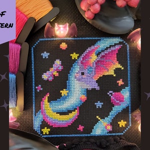 Neon Nocturne Cross Stitch Pattern, Vaporwave Bat Needlework Sampler ...