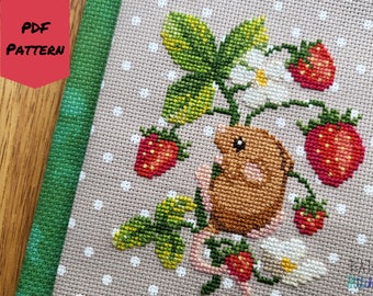 Strawberry Season cross stitch pattern, mouse berries, cute cottagecore gallery art, nature seasonal sampler needlework, instant download