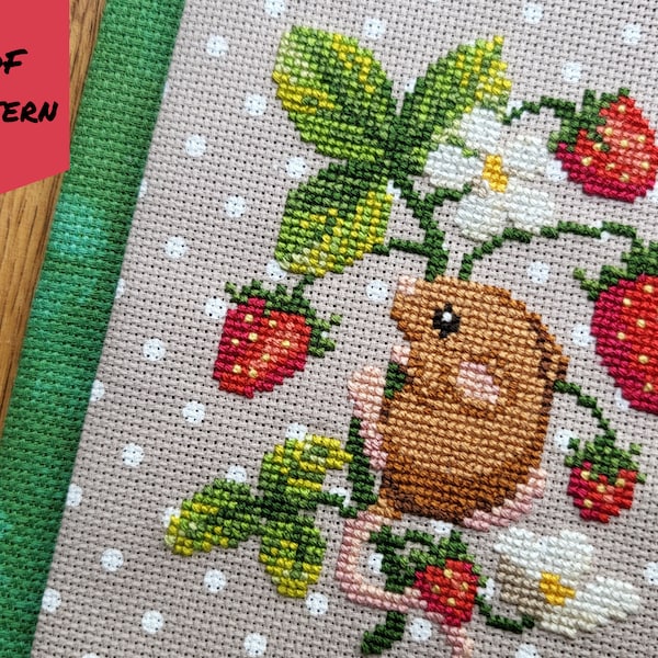 Strawberry Season cross stitch pattern, mouse berries, cute cottagecore gallery art, nature seasonal sampler needlework, instant download
