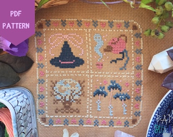 Cottage Witch Cross Stitch Sampler Pattern, cottagecore, soft gothic Halloween, tea bats crystal ball wizard bow hat, pastel needlework, PDF