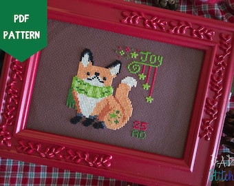 Christmas Fox Corgi Cross Stitch Pattern, holiday joy needlework sampler, festive winter xstitch chart, small gift, instant download pdf