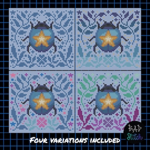 May include: Four cross-stitch patterns featuring a blue beetle with a gold star on its back, surrounded by floral and leaf motifs. The patterns are in shades of blue, green, pink, and purple. Text at the bottom reads "FOUR VARIATIONS INCLUDED".