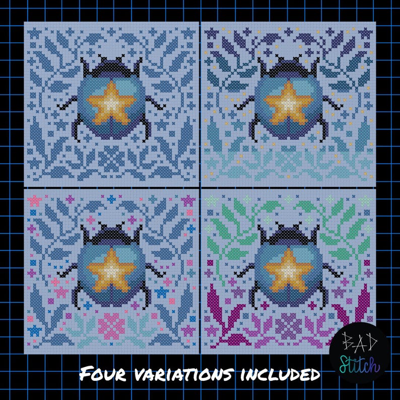 May include: Four cross-stitch patterns featuring a blue beetle with a gold star on its back, surrounded by floral and leaf motifs. The patterns are in shades of blue, green, pink, and purple. Text at the bottom reads "FOUR VARIATIONS INCLUDED".
