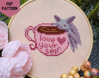 Bat cross stitch pattern, bat and coffee, coffee cross stitch, coffee tea lover, love yourself, treat yourself, instant download pdf