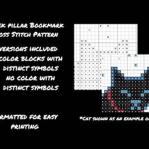 Op de afbeelding: Kruissteekpatroon voor een Griekse pilaarbladwijzer. Bevat twee versies: kleurenbokken met duidelijke symbolen en geen kleur met duidelijke symbolen. Het voorbeeld toont een zwart kattenontwerp. Geformatteerd voor gemakkelijk afdrukken.