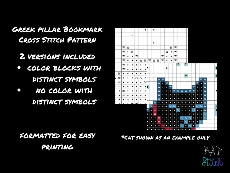 Op de afbeelding: Kruissteekpatroon voor een Griekse pilaarbladwijzer. Bevat twee versies: kleurenbokken met duidelijke symbolen en geen kleur met duidelijke symbolen. Het voorbeeld toont een zwart kattenontwerp. Geformatteerd voor gemakkelijk afdrukken.