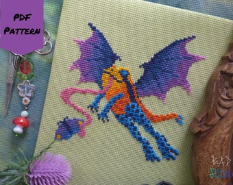Poison Dart Frog Dragon Cross Stitch Pattern PDF, cryptid needlework chart, cryptozoology, digital download