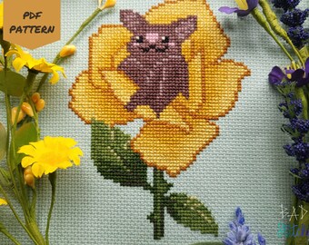 Bat in a Flower cross stitch pattern, wildlife art, gift for batlover, yellow rose, cottagecore decor, easy diy, brown bat, instant download