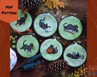 Inappropriate Cats Halloween Cross Stitch Pattern Collection, black cat, spooky needlework, whimsy cute design, digital download pdf