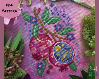 Starry Pomegranate Cross Stitch Pattern, celestial floral fruit nature needlework chart, digital download design