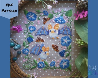 Ghost Bat Cross Stitch Pattern Sampler, Whimsical cottagecore needlework design, digital download