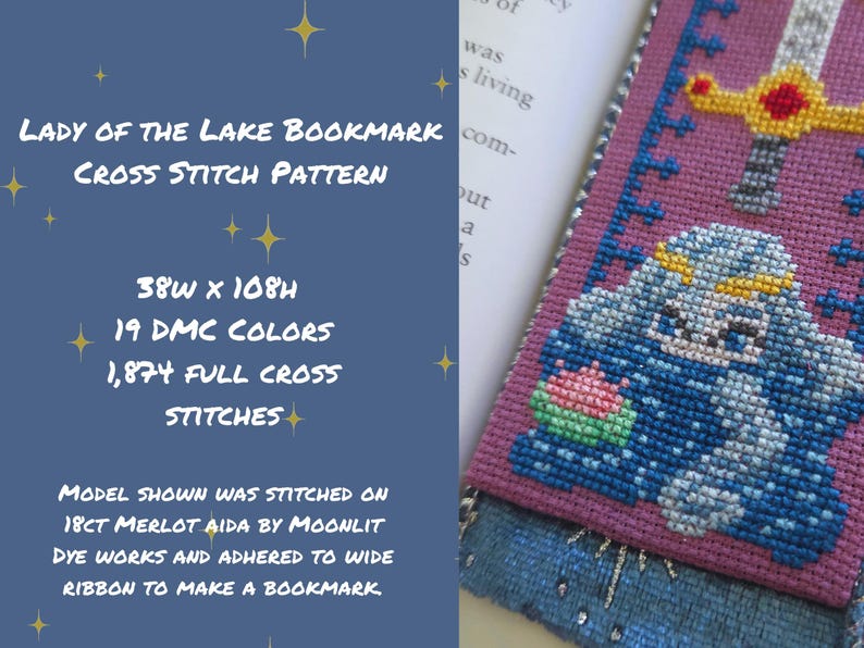 May include: Cross-stitch bookmark featuring a design of the Lady of the Lake with a sword. The bookmark is stitched on a purple background with blue and white details. The text on the left side reads "Lady of the Lake Bookmark Cross Stitch Pattern".