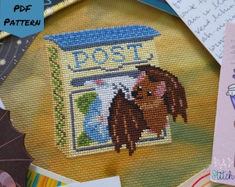 Special Delivery Cross Stitch Pattern, bat mail carrier postal worker, mailbox, morning glories, cottagecore needlework sampler, digital PDF