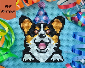 May include: Cross stitch pattern of a corgi wearing a purple and white party hat. The corgi is smiling with its tongue sticking out. The background is blue with colorful streamers.