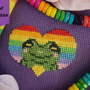 Motif de point de croix grenouille arc-en-ciel, grille de broderie crapaud fierté, conception d'amour gay fantaisiste cottagecore moderne, lgbtqia, espace sûr, pdf numérique
