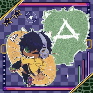 May include: Illustration of a cartoon character with dark curly hair, wearing a yellow hoodie and headphones. The character is on roller skates, holding a game controller. A large green shape with a white "A" is in the background, along with stars and geometric shapes.