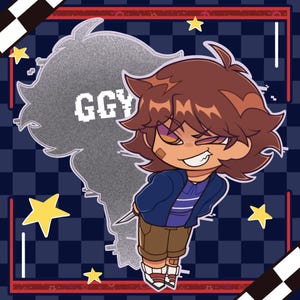 Puede incluir: Ilustración de dibujos animados de un personaje sonriente con cabello castaño, que lleva una chaqueta azul, pantalones marrones y zapatos blancos con rayas rojas. El fondo es un patrón de cuadros azul oscuro con estrellas amarillas y el texto "GGY".