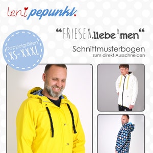 Könnte beinhalten: Ein Schnittmuster für eine Kapuzenjacke mit gelbem, weißem und blauem Muster. Das Schnittmuster heißt "FRIESEN.liebe 4men" und umfasst die Größen XS-XXXL.