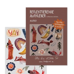 Könnte beinhalten: Zwei Bögen mit reflektierenden Aufklebern mit Aquarellillustrationen von einem Dackel, Regenbogen, Banane, Fuchs, Blumen, Baum und Einhorn. Der Text auf der Verpackung umfasst REFLETIERENDE AUFKLEBER, ALLERLEI, FÜR MEHR SICHTBARKEIT IM DUNKELN, YAY, Hahaha, Nö und HALFBIRD.