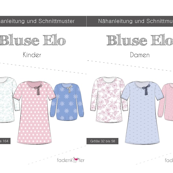 Bluse ELO Damen oder Kinder - Papierschnittmuster von Fadenkäfer - Gr. 32 - 58 / Gr. 74 - 164